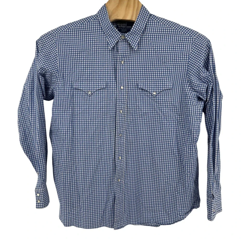 Polo Ralph Lauren Mens XL Western Classic Fit Gingham Snap Button Shirt Blue